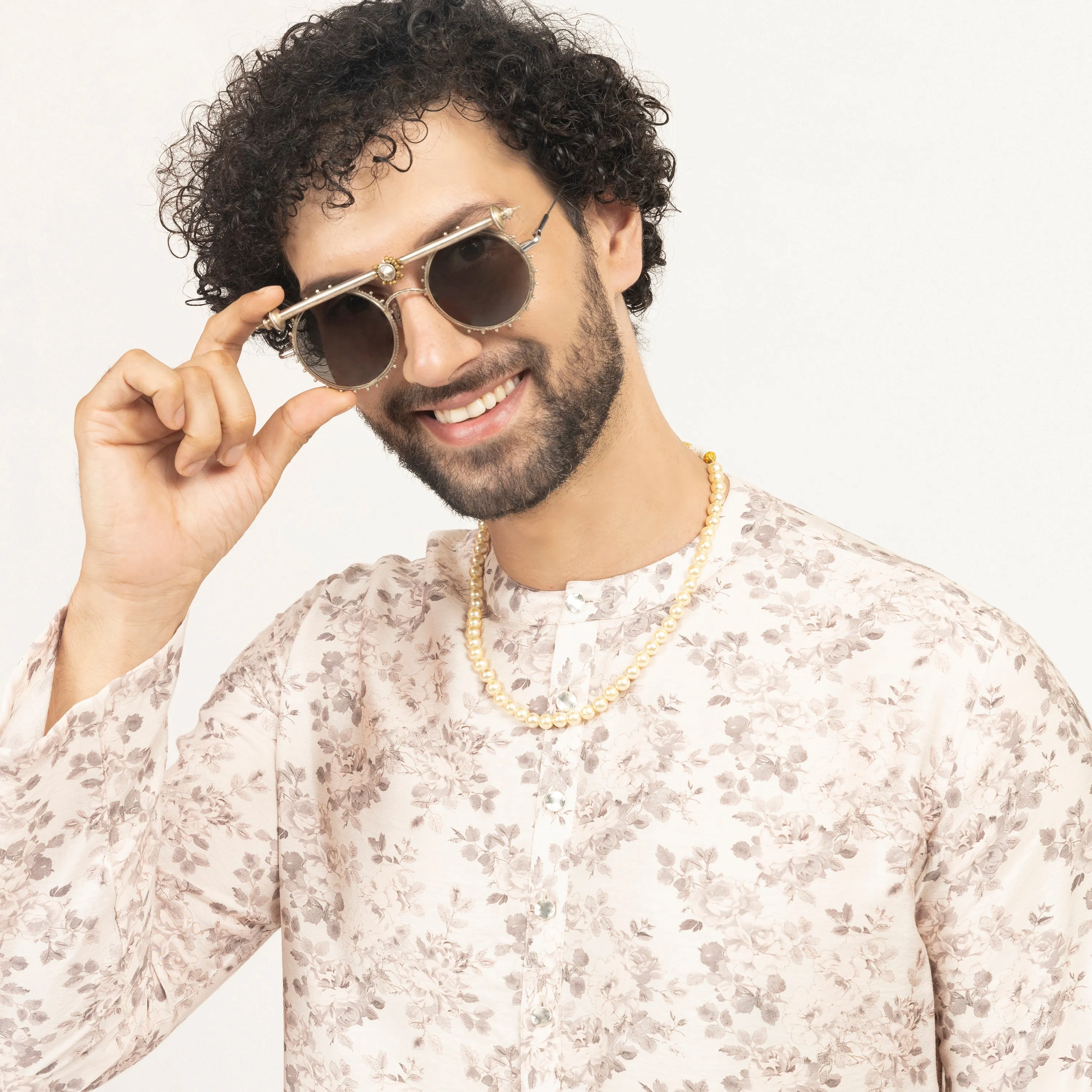 Off-White Floral Printed Kurta