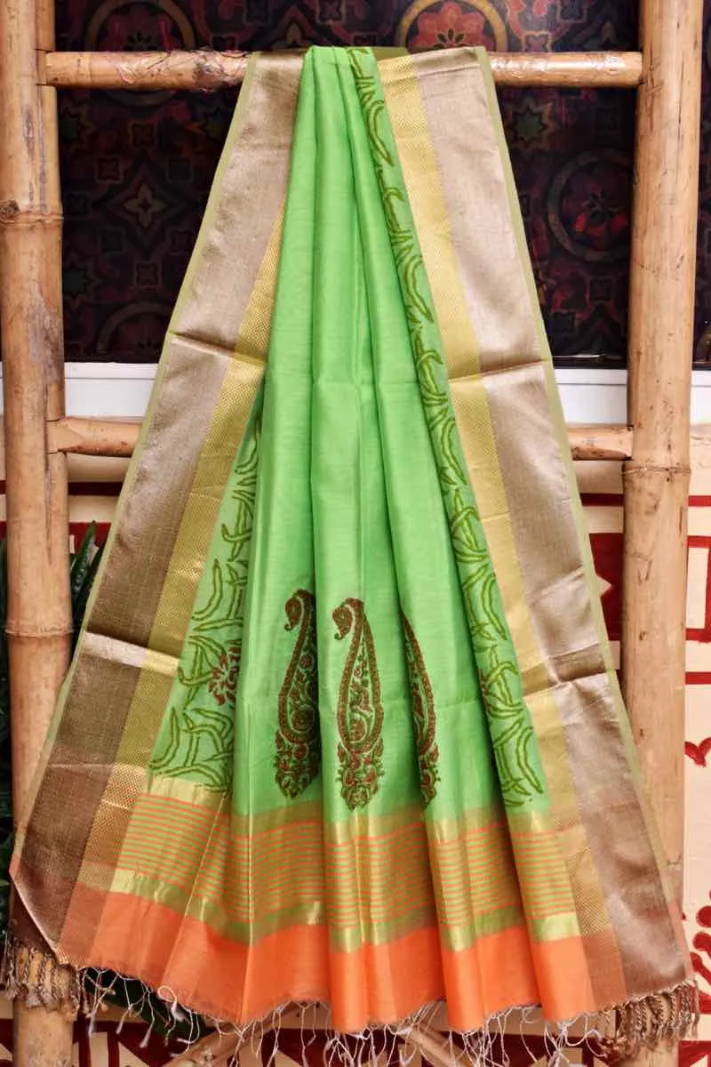 Orange Block Printed Maheshwari Silk Two Piece Set