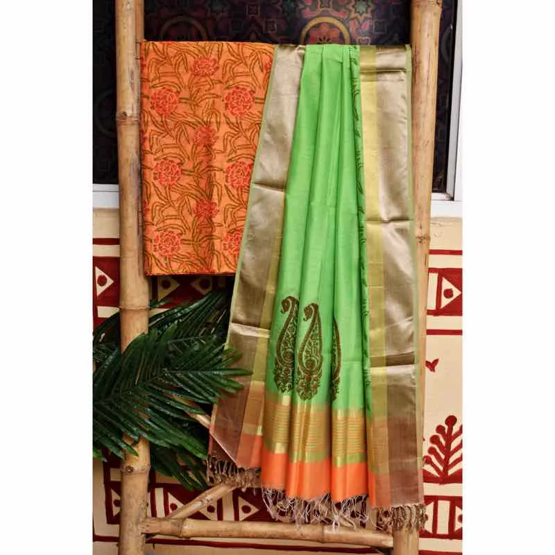 Orange Block Printed Maheshwari Silk Two Piece Set