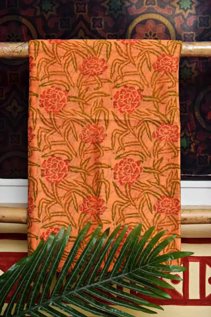Orange Block Printed Maheshwari Silk Two Piece Set