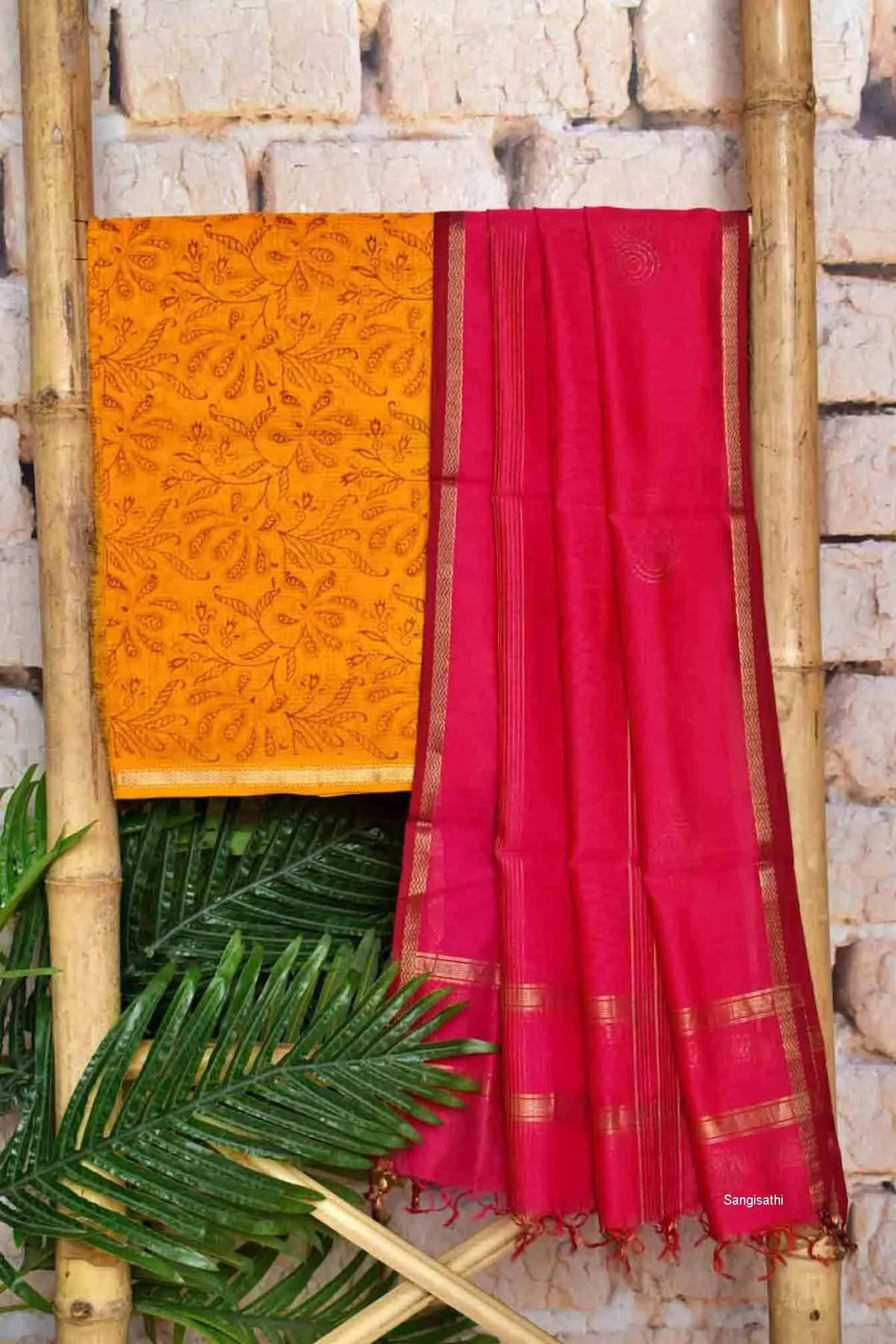 Orange Handloom Maheshwari Silk Handblock Printed Set