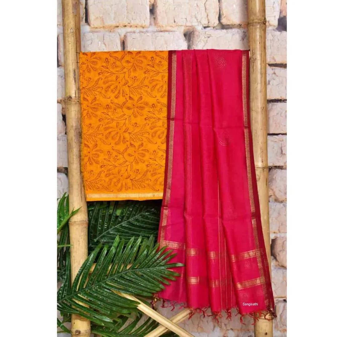Orange Handloom Maheshwari Silk Handblock Printed Set