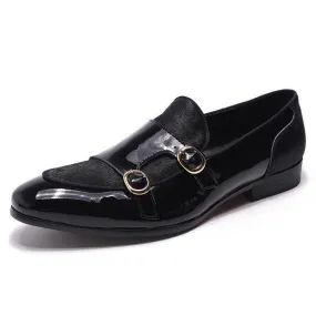 Patent Leather Monk Strap Formal Loafers - Men Shoes
