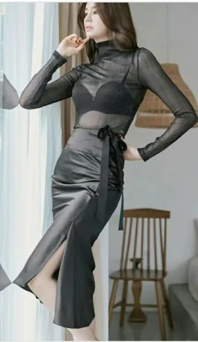 Satin Slit Side Ribbon Pencil Skirt