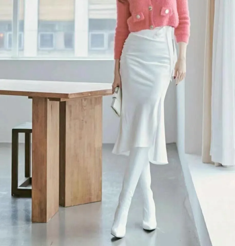 Satin Slit Side Ribbon Pencil Skirt