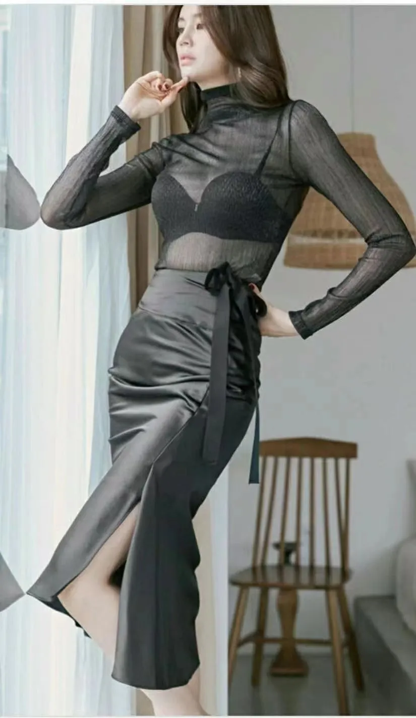 Satin Slit Side Ribbon Pencil Skirt