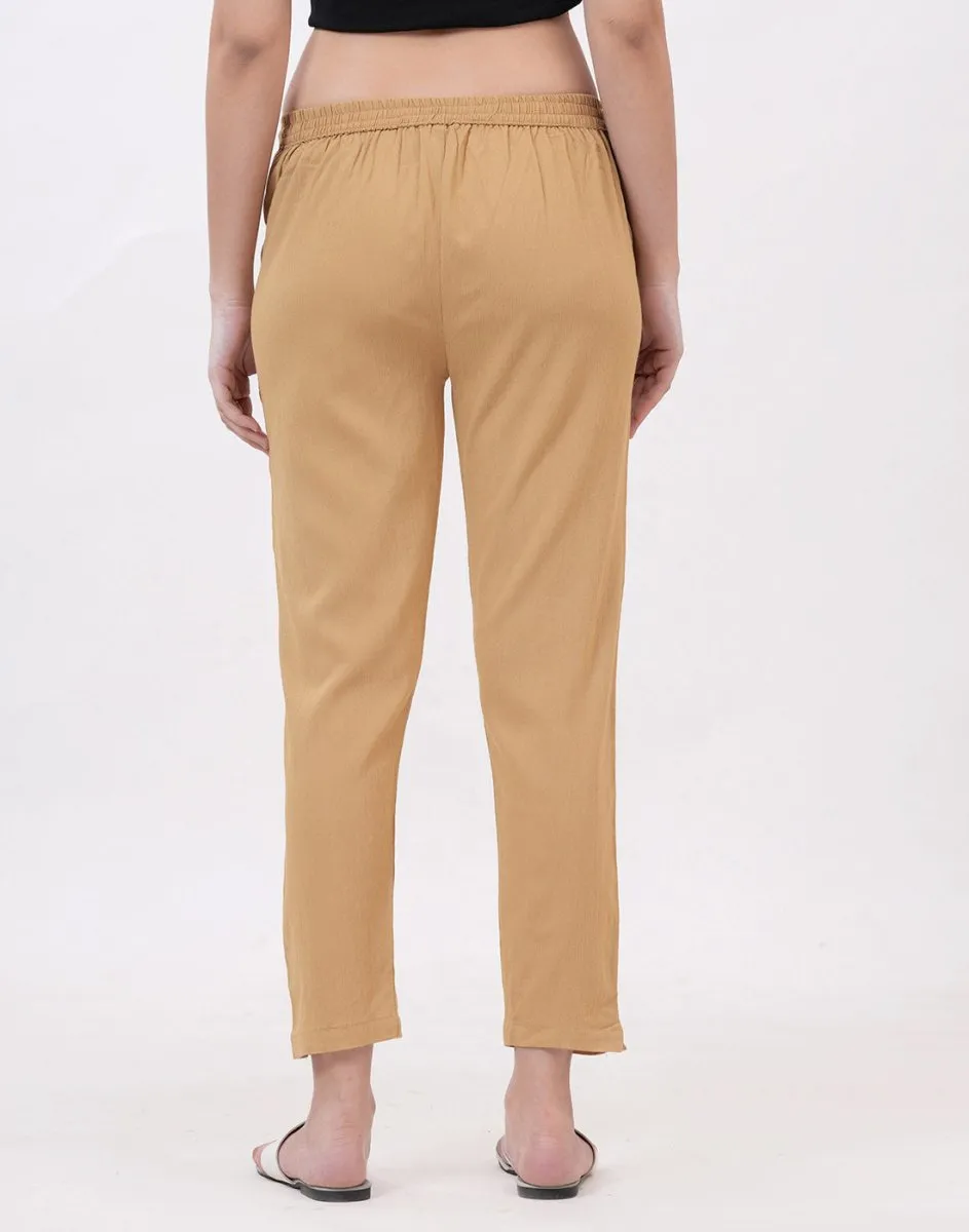 Satrangi Women's CamelBeige Viscose Lycra Trouser