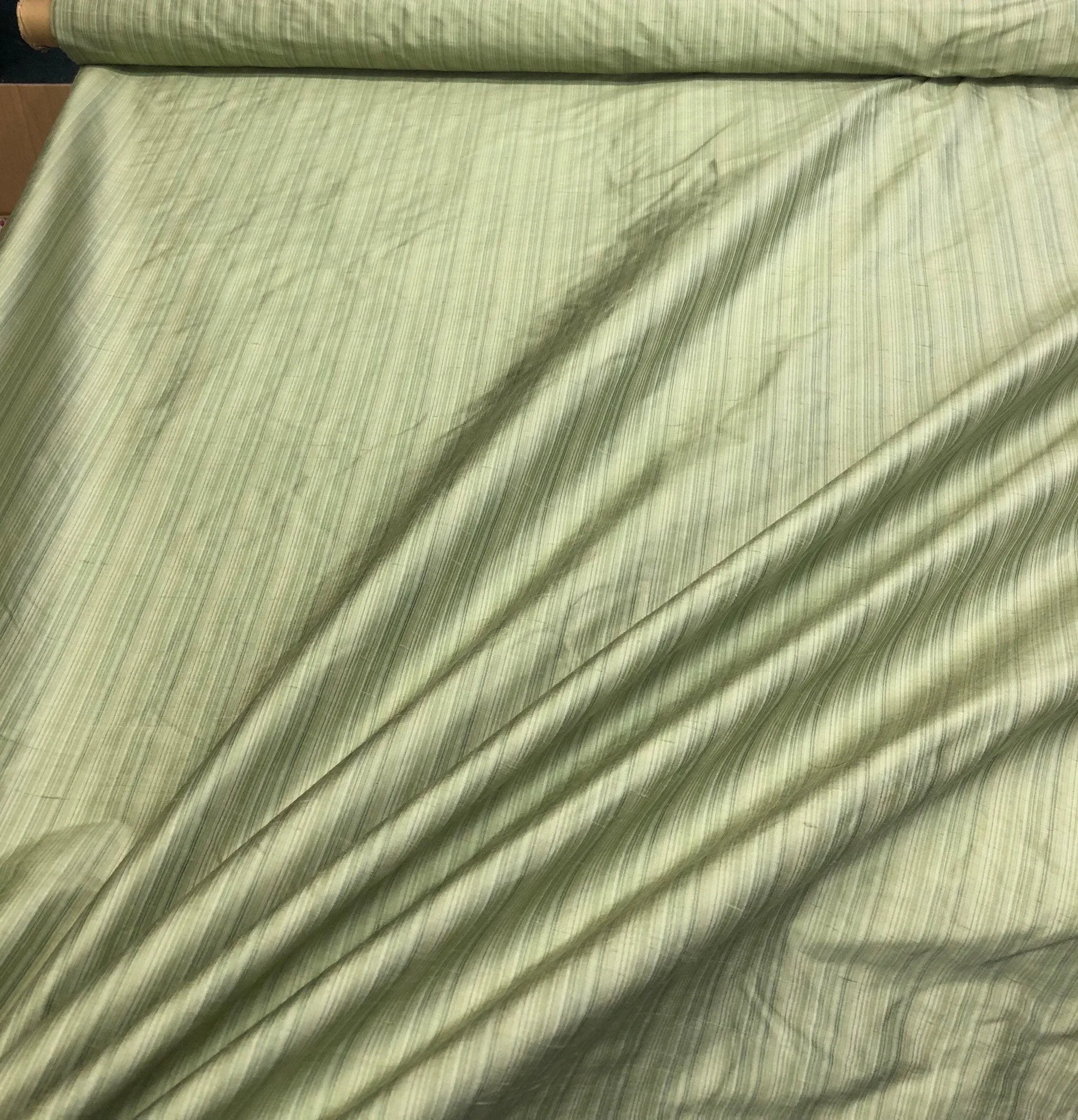 Silk shantung 54&quot; wide   Beautiful sage green pinstripes silk shantung fabric sold by the yard