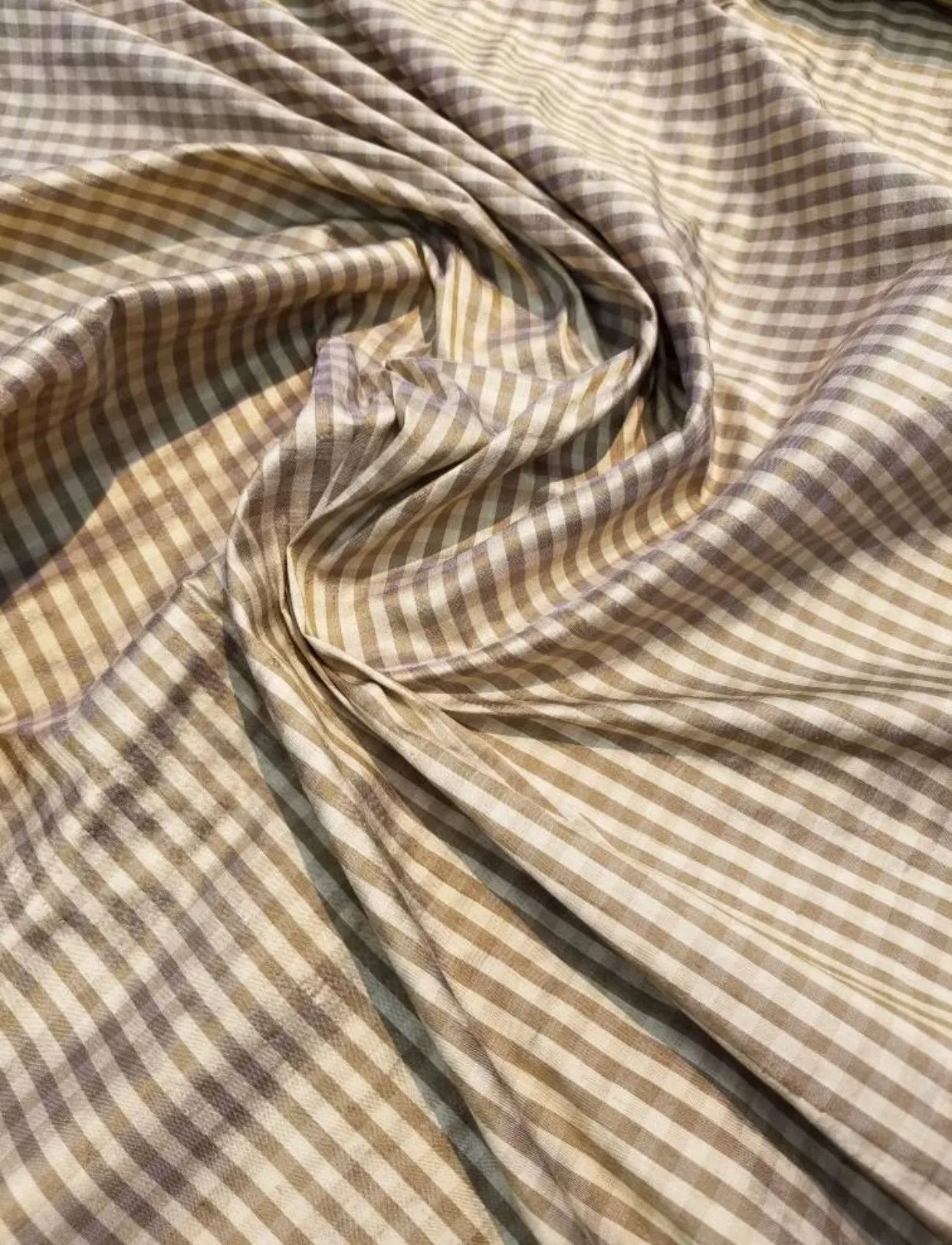 Silk shantung gingham check 54&quot; wide     Beautiful tan gold color    Fabric sold by the yard