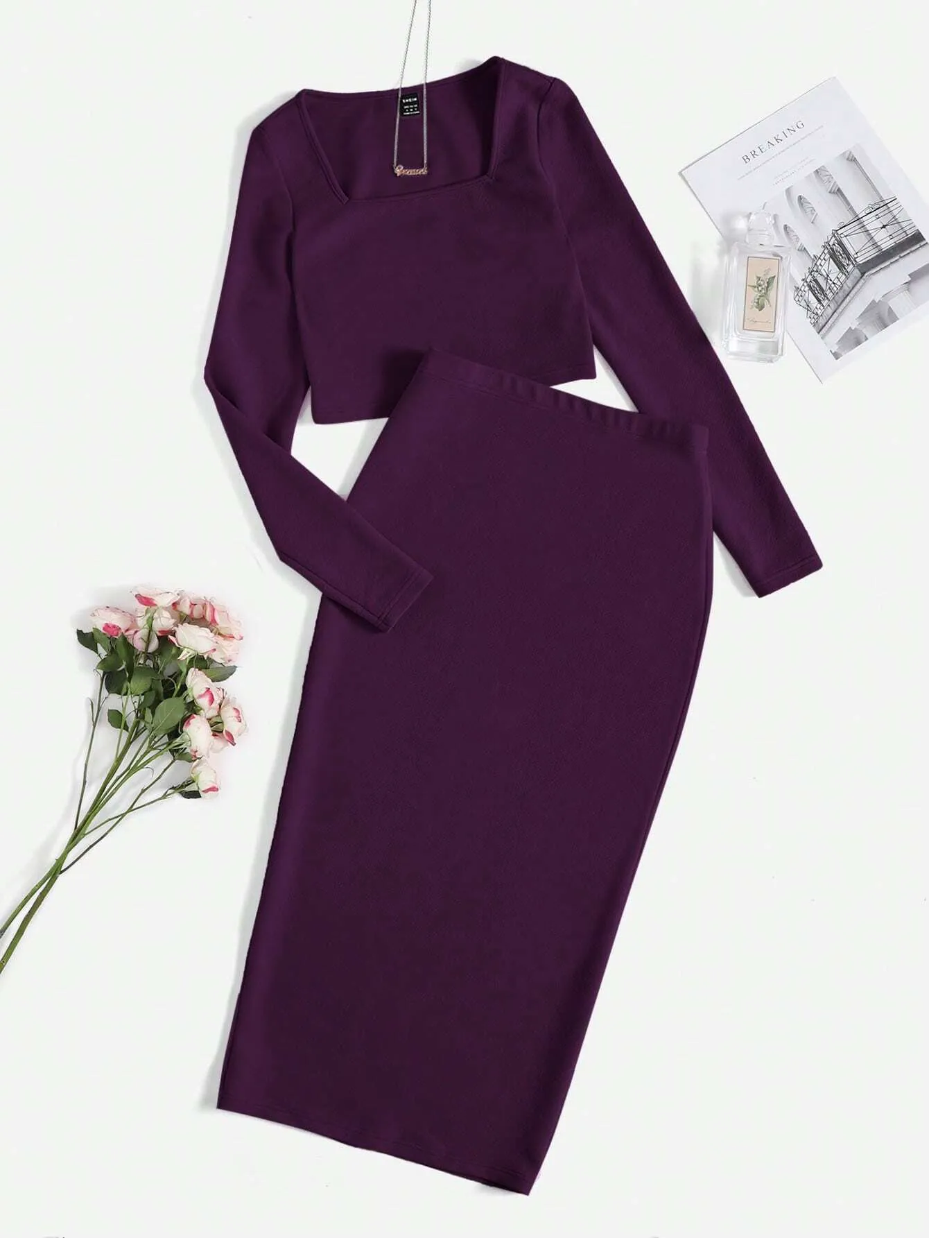 SOLID TOP & SPLIT HEM PENCIL SKIRT SET_ Magenda