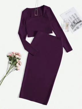 SOLID TOP & SPLIT HEM PENCIL SKIRT SET_ Magenda