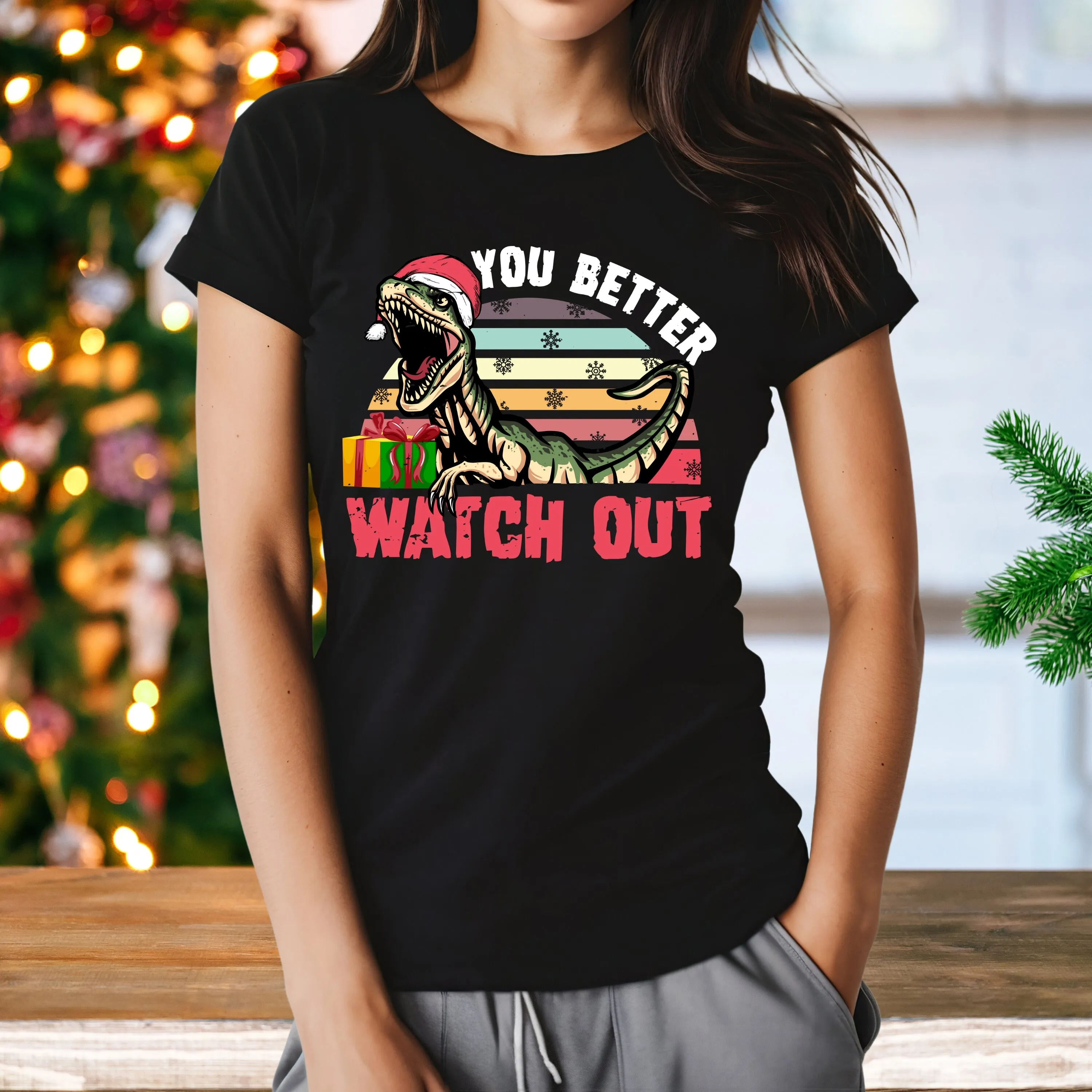Velociraptor Dinosaur Christmas Shirt  | You Better Watch Out Funny Santa Shirt | Women's Slim-fit Soft Style T-shirt