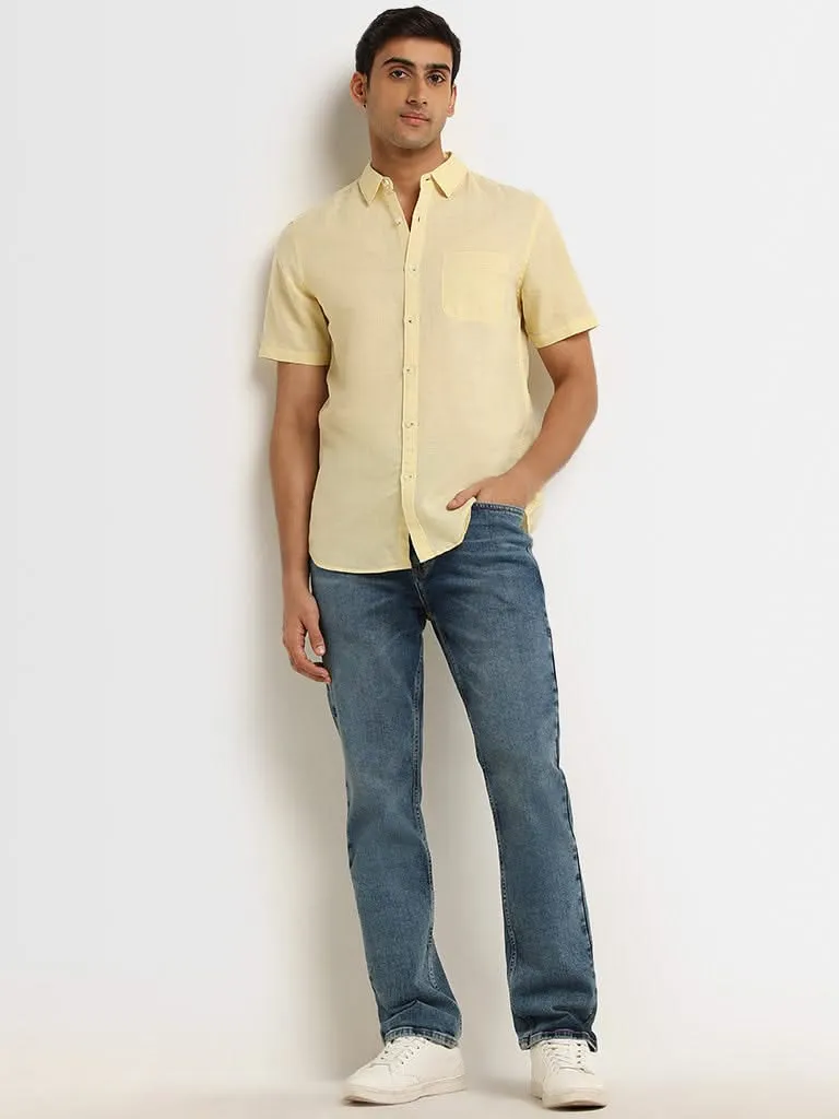 WES Casuals Yellow Linen-Blend Slim Fit Shirt