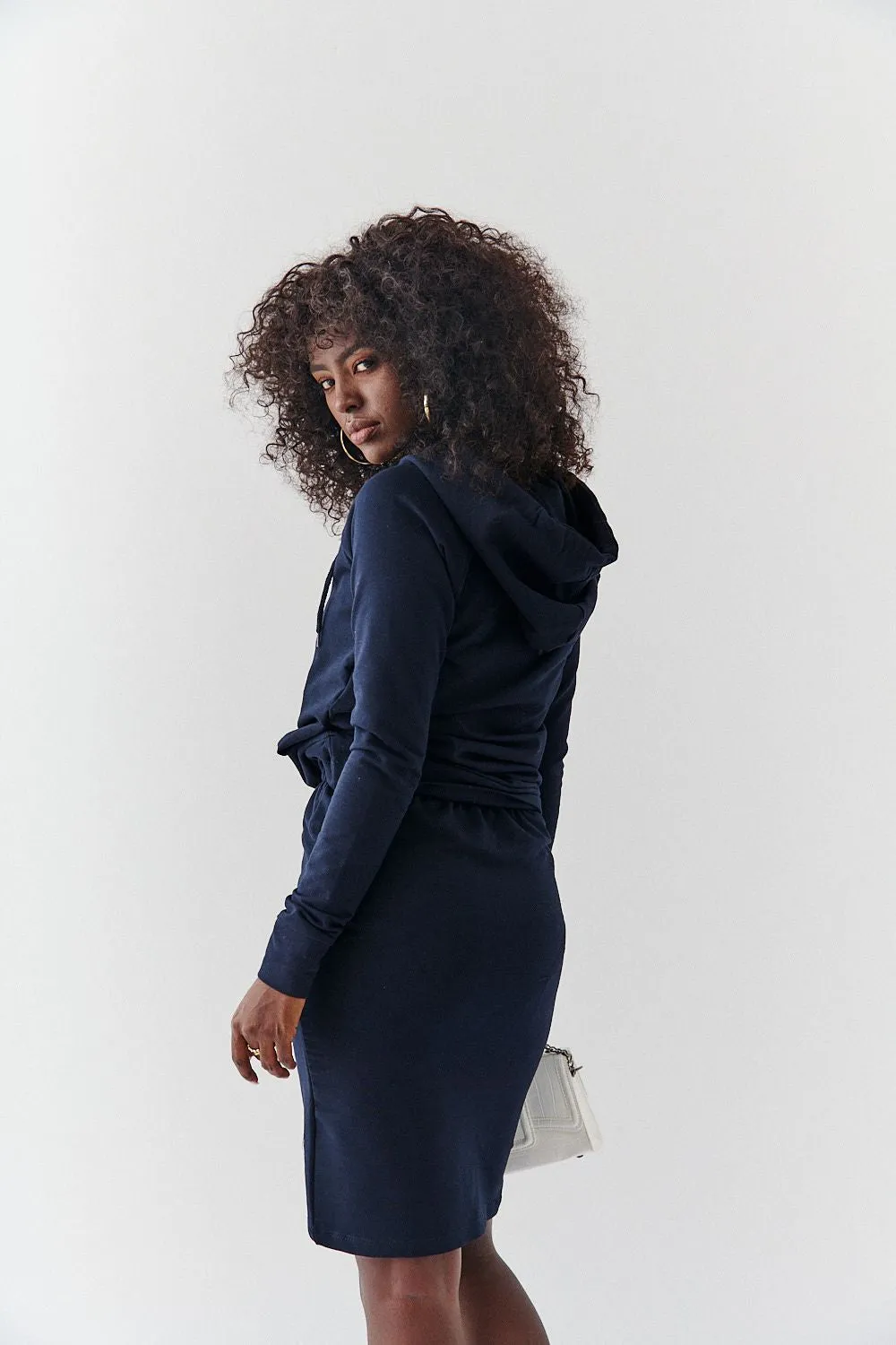 Women's sports set, skirt and hoodie, navy blue