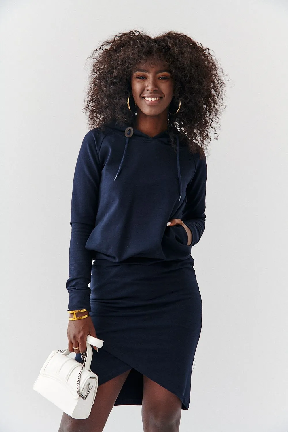 Women's sports set, skirt and hoodie, navy blue