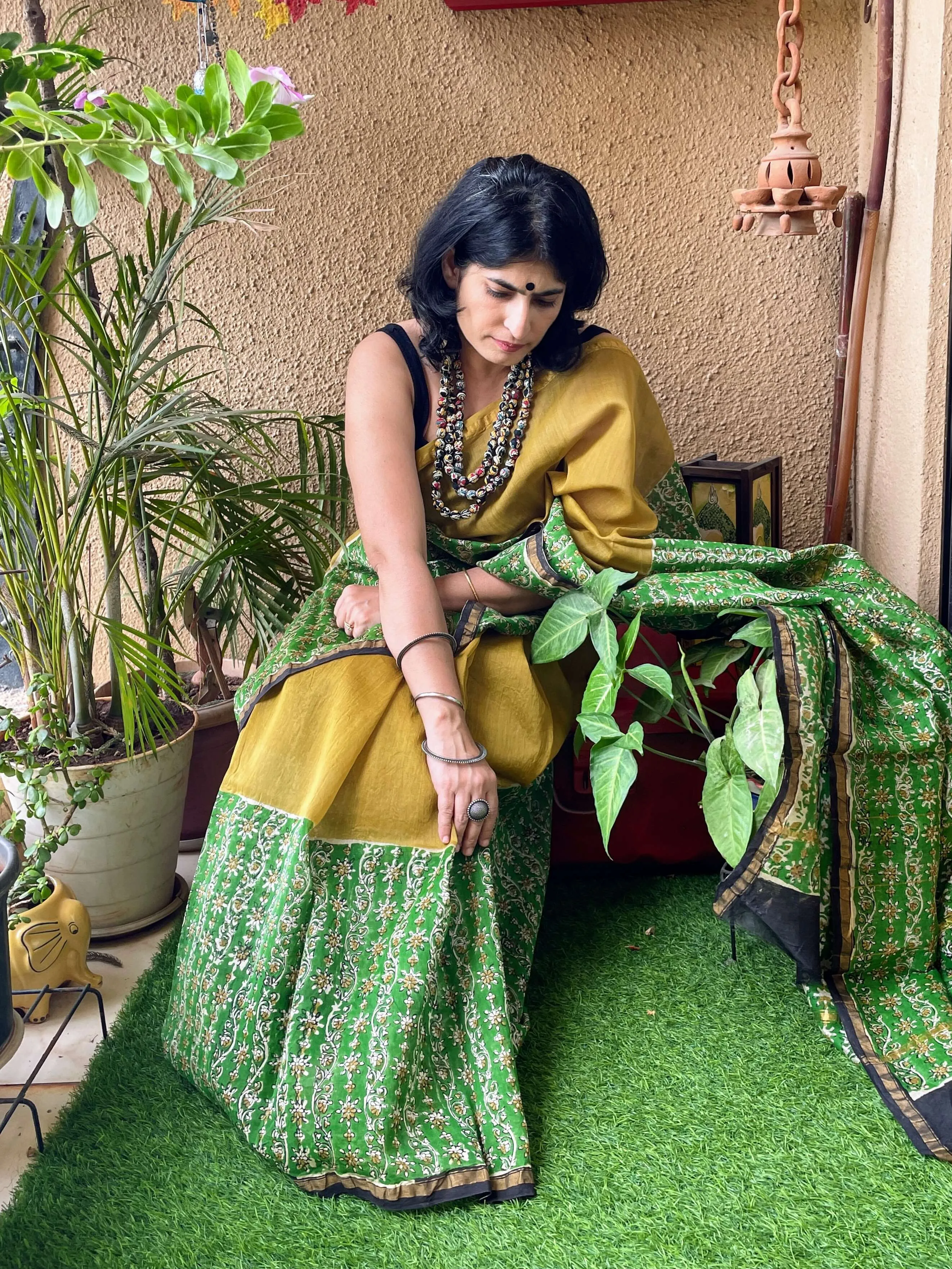 Yellow green Chanderi Block print