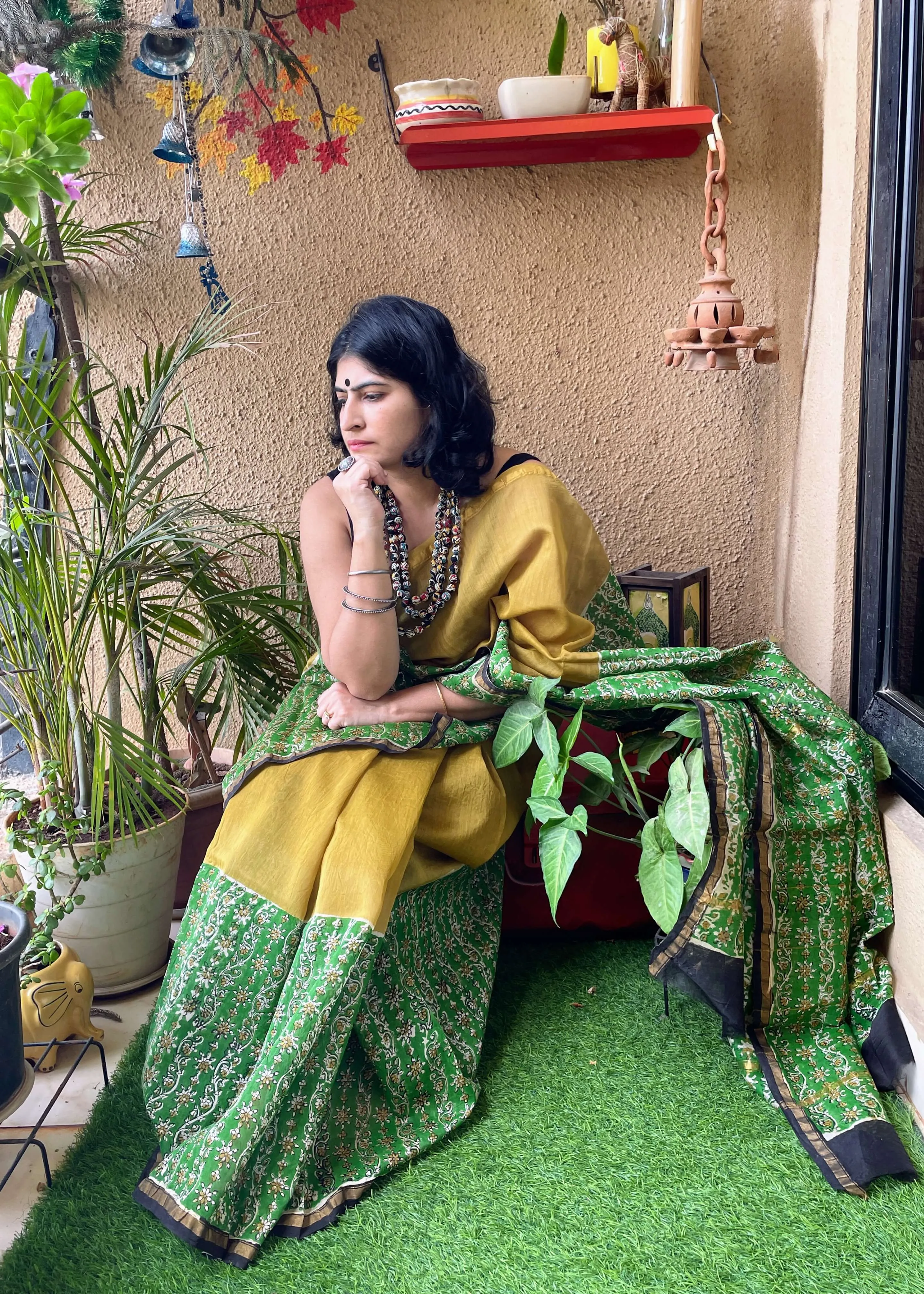 Yellow green Chanderi Block print